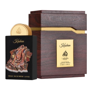 Kashan by Lattafa 100 ml EDP bottle, featuring pink pepper, raspberry, and sandalwood in a unisex woody aromatic fragrance.