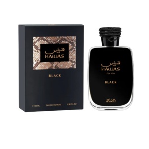 Hawas Black by Rasasi 2024 100ml EDP bottle for men, featuring bergamot, cedarwood, and amber in a woody scent.