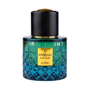 La Fede Intoxicate Blue Elixir Eau de Parfum 100 ml bottle in deep blue, featuring a luxurious design with bergamot, vanilla, and tobacco notes.