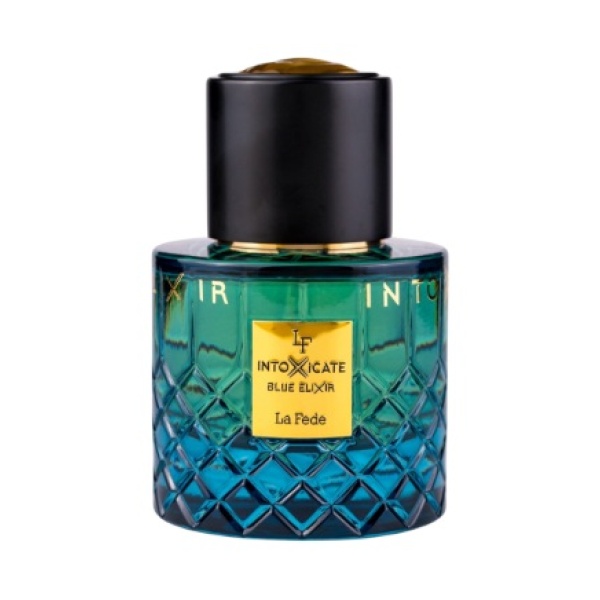 La Fede Intoxicate Blue Elixir Eau de Parfum 100 ml bottle in deep blue, featuring a luxurious design with bergamot, vanilla, and tobacco notes.