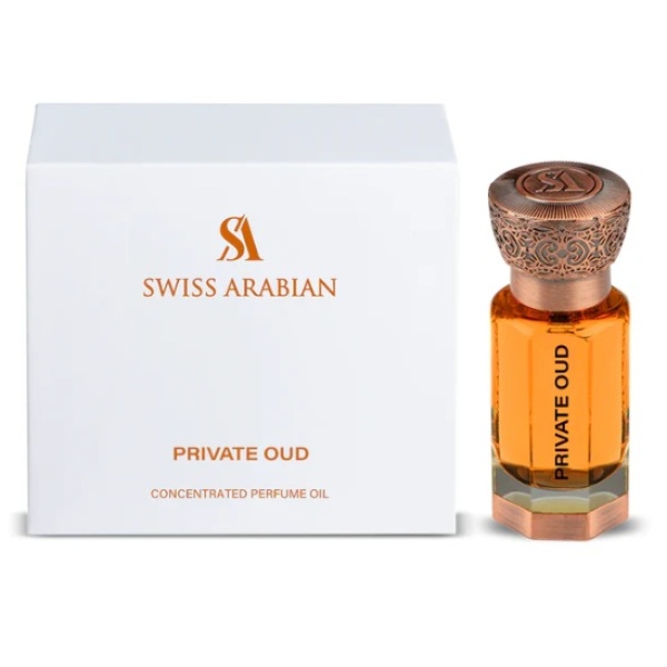 Private Oud by Swiss Arabian 12ml perfume oil bottle, showcasing oud, rose, and caramel notes in a unisex woody fragrance.