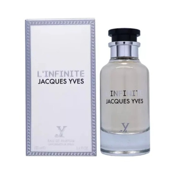 Jacques Yves L’Infinite 100ml EDP bottle by Fragrance World, featuring grapefruit, sage, and amber in a men’s scent.