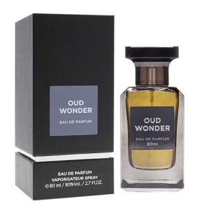 Oud Wonder 100ml EDP bottle by Fragrance World, featuring oud, sandalwood, and amber in a woody-spicy fragrance.