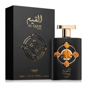 Bottle of Al Qiam Gold by Lattafa Pride – A luxurious men’s fragrance with notes of oud, saffron, and raspberry