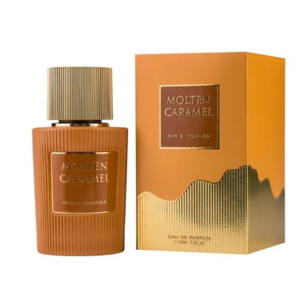 Molten Caramel by Paris Corner – oriental vanilla gourmand fragrance with white chocolate, caramel, milk, brown sugar, vanilla, and praline.