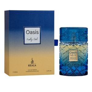 Oasis Fruity Oud by Risala – 2025 unisex fragrance with fruity, smoky oud and leather notes. A bold oriental woody scent for men and women.