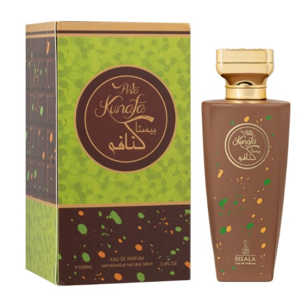 Pista Kunafa by Risala – a 2025 unisex gourmand fragrance with pistachio, praline, caramel, and vanilla. Sweet, nutty, and creamy scent.