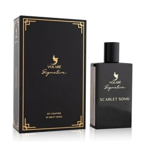 Signature Scarlet Song fragrance bottle with notes of lemon, saffron, oud, cedarwood, vanilla, and musk.