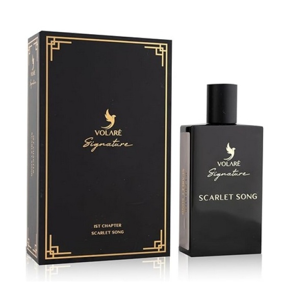 Signature Scarlet Song fragrance bottle with notes of lemon, saffron, oud, cedarwood, vanilla, and musk.