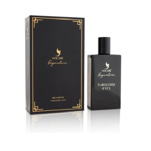 Bottle of Signature Turquoise Eyes perfume with notes of citrus, exotic flowers, musk, vanilla, patchouli, and incense.