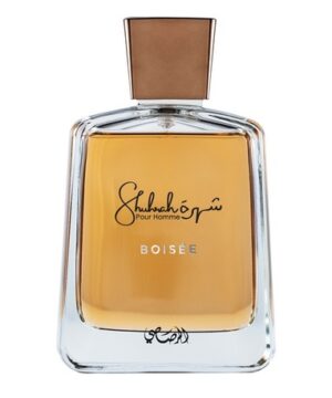 Shuhrah Boisee men’s fragrance bottle featuring woody, leathery, and oriental notes for a bold masculine scent.